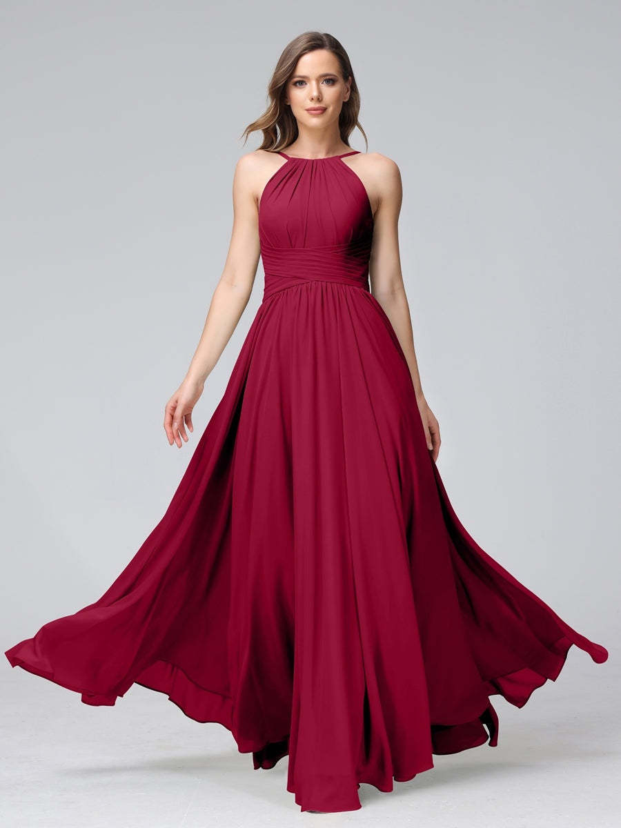 Floor-Length Halter Sleeveless A-Line/Princess Bridesmaid Dresses with Ruffles