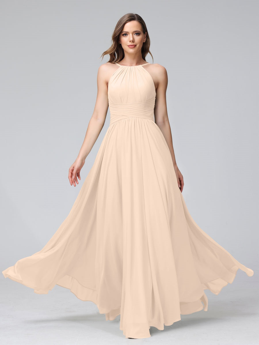 Floor-Length Halter Sleeveless A-Line/Princess Bridesmaid Dresses with Ruffles