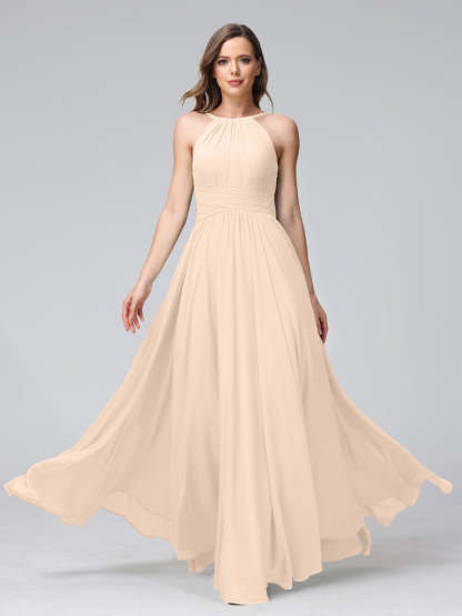 Floor-Length Halter Sleeveless A-Line/Princess Bridesmaid Dresses with Ruffles