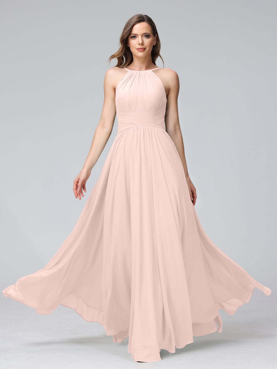 Floor-Length Halter Sleeveless A-Line/Princess Bridesmaid Dresses with Ruffles