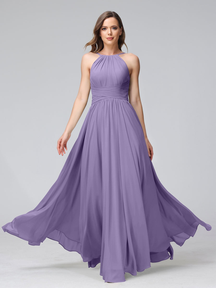 Floor-Length Halter Sleeveless A-Line/Princess Bridesmaid Dresses with Ruffles
