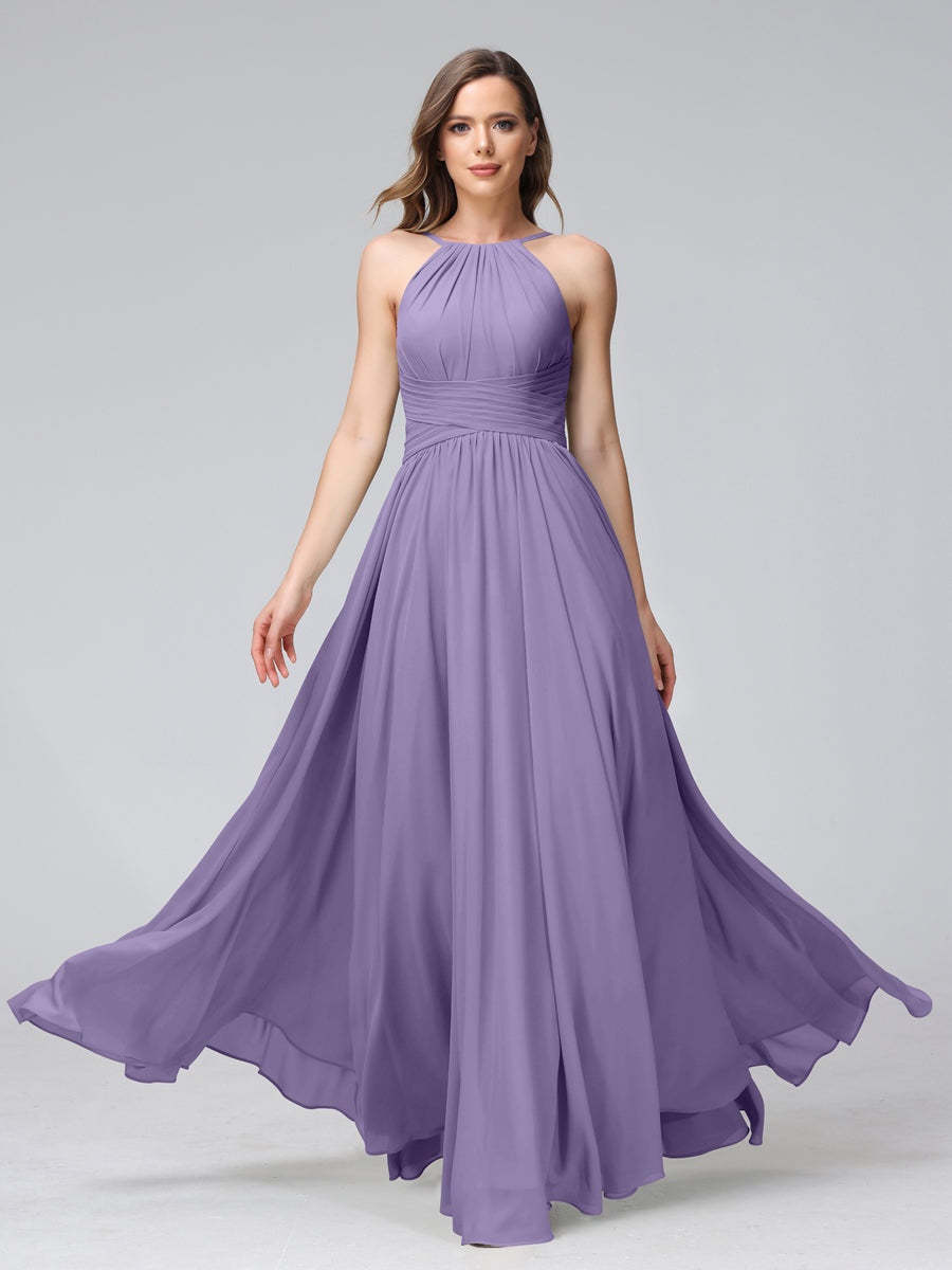 Floor-Length Halter Sleeveless A-Line/Princess Bridesmaid Dresses with Ruffles