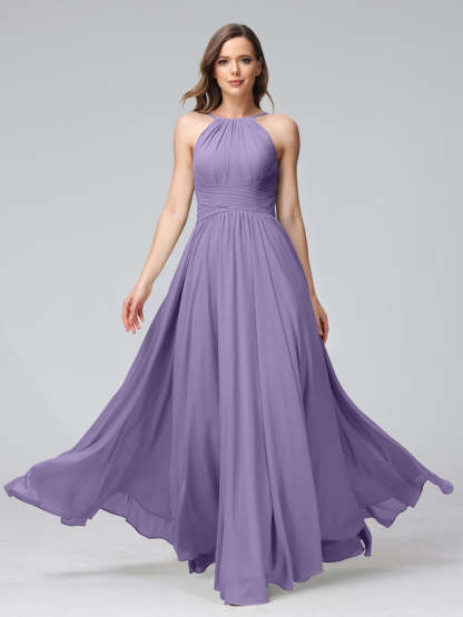 Floor-Length Halter Sleeveless A-Line/Princess Bridesmaid Dresses with Ruffles