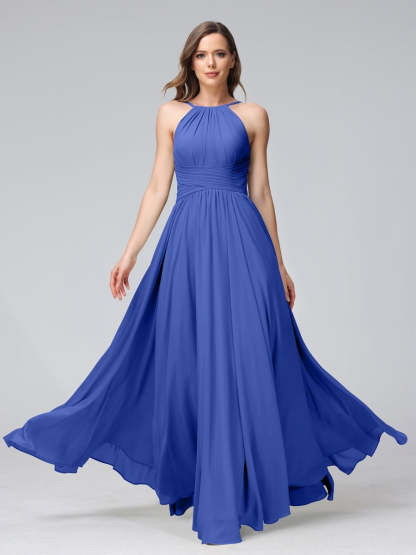 Floor-Length Halter Sleeveless A-Line/Princess Bridesmaid Dresses with Ruffles