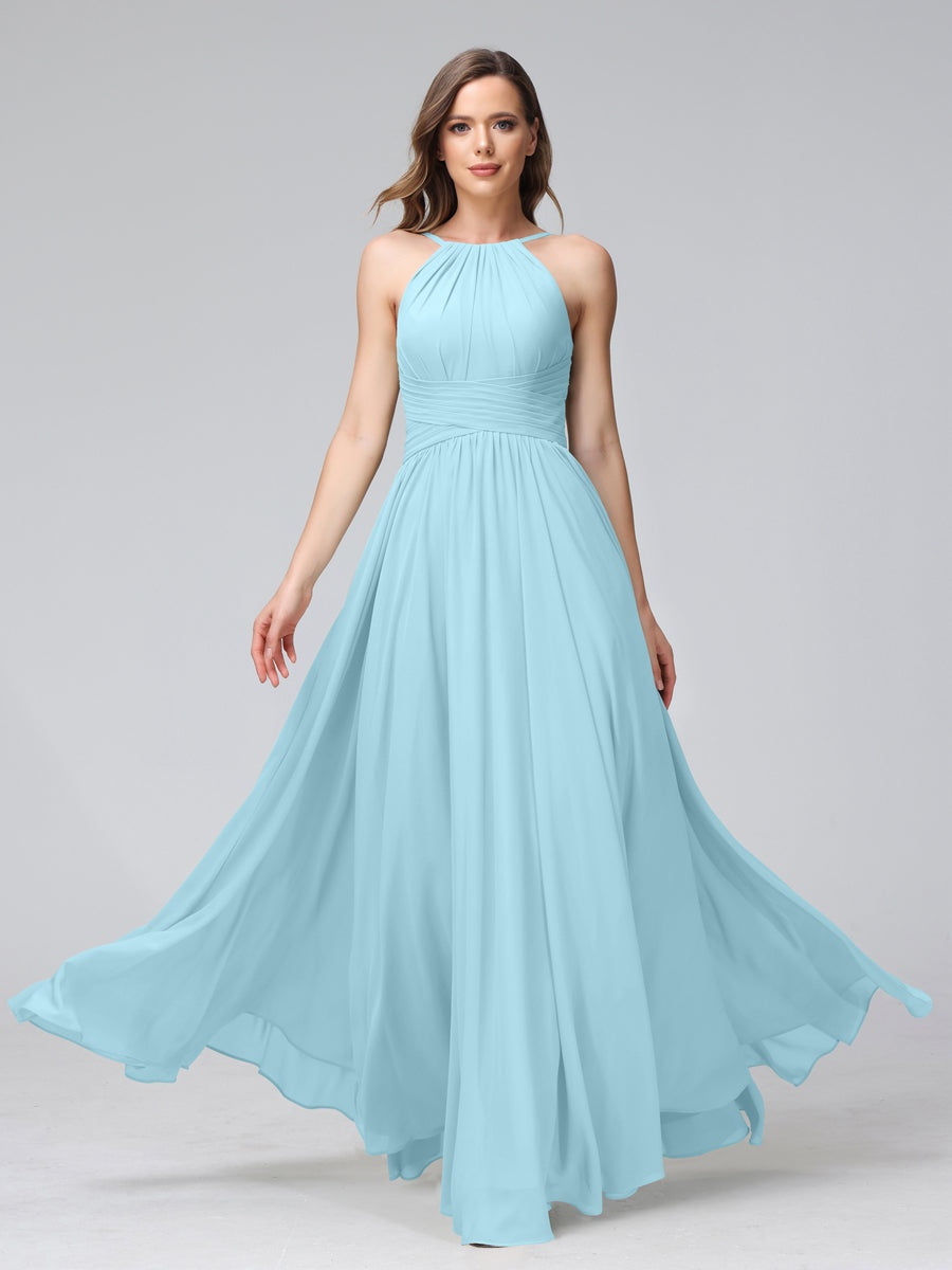 Floor-Length Halter Sleeveless A-Line/Princess Bridesmaid Dresses with Ruffles