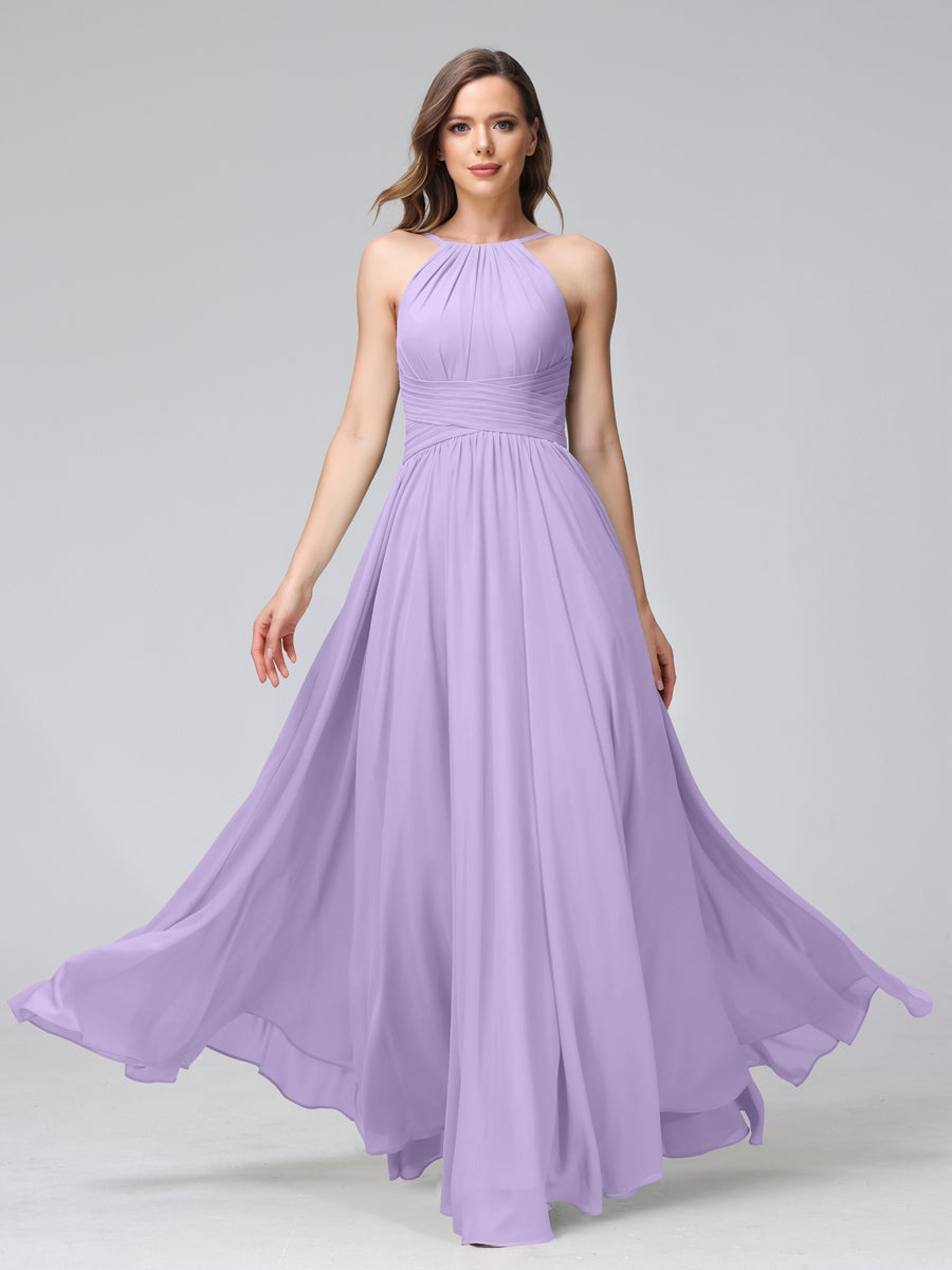 Floor-Length Halter Sleeveless A-Line/Princess Bridesmaid Dresses with Ruffles