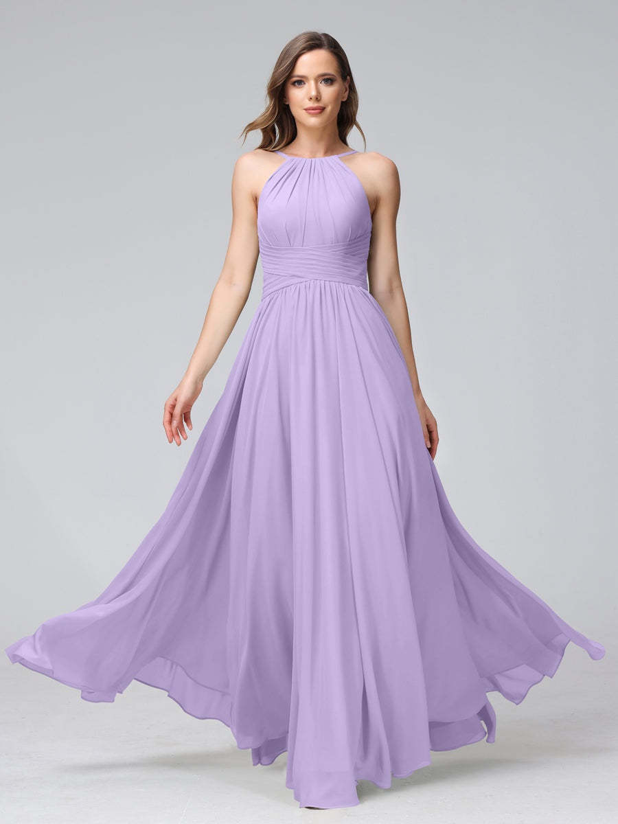 Floor-Length Halter Sleeveless A-Line/Princess Bridesmaid Dresses with Ruffles