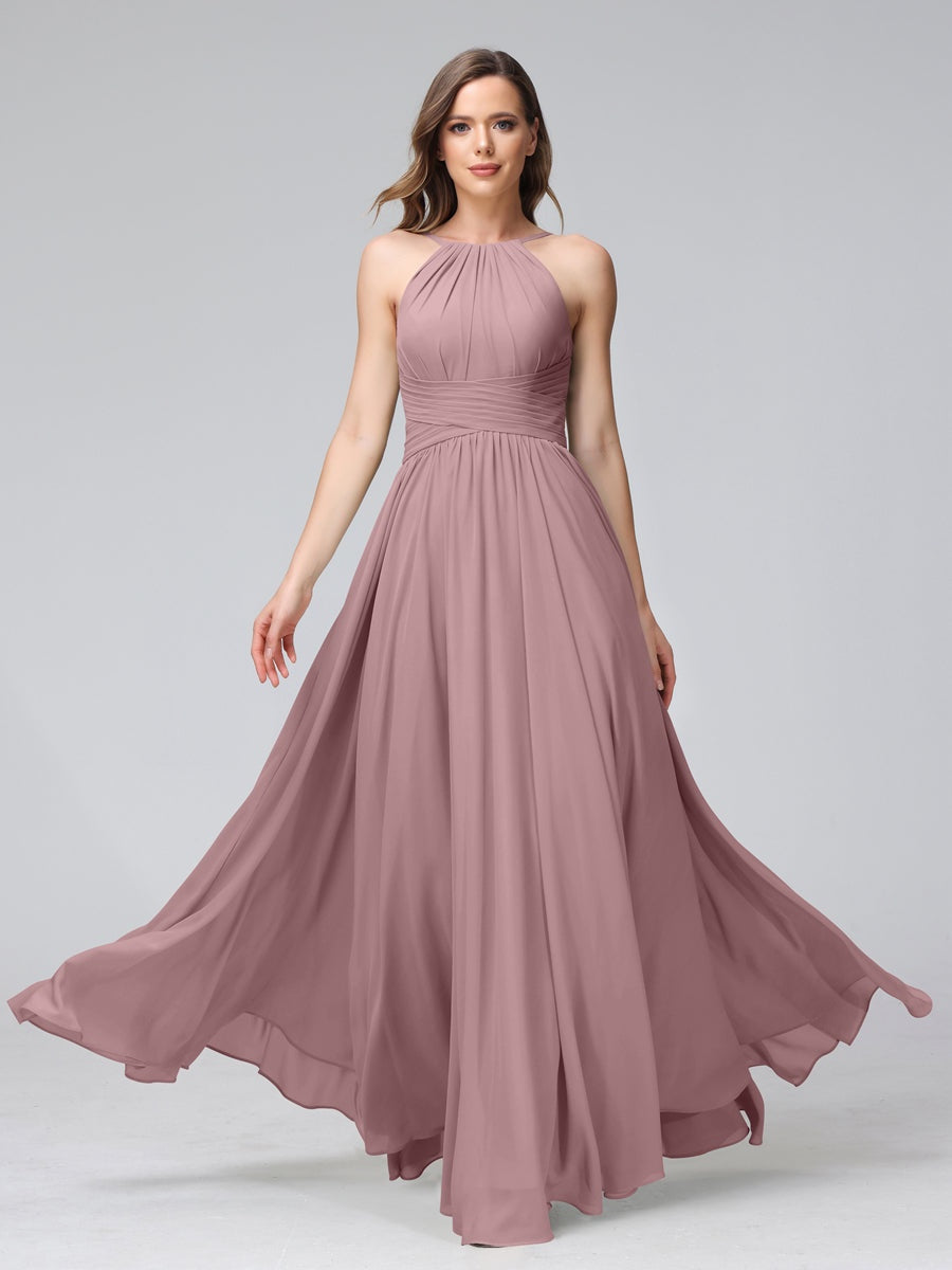 Floor-Length Halter Sleeveless A-Line/Princess Bridesmaid Dresses with Ruffles