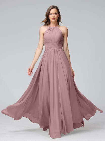 Floor-Length Halter Sleeveless A-Line/Princess Bridesmaid Dresses with Ruffles