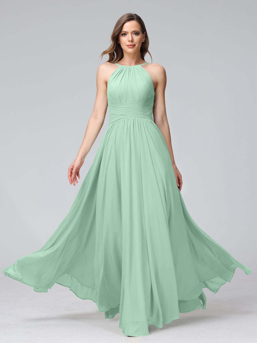 Floor-Length Halter Sleeveless A-Line/Princess Bridesmaid Dresses with Ruffles
