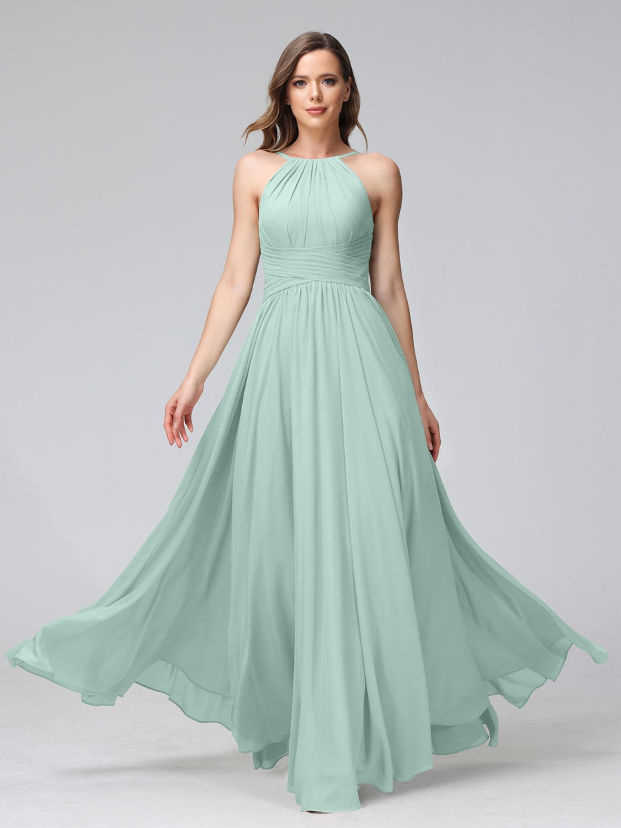 Floor-Length Halter Sleeveless A-Line/Princess Bridesmaid Dresses with Ruffles
