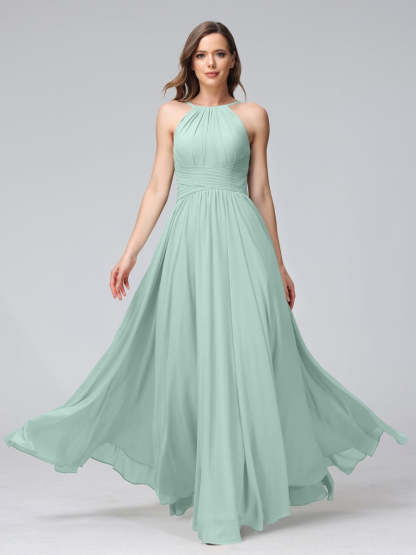 Floor-Length Halter Sleeveless A-Line/Princess Bridesmaid Dresses with Ruffles