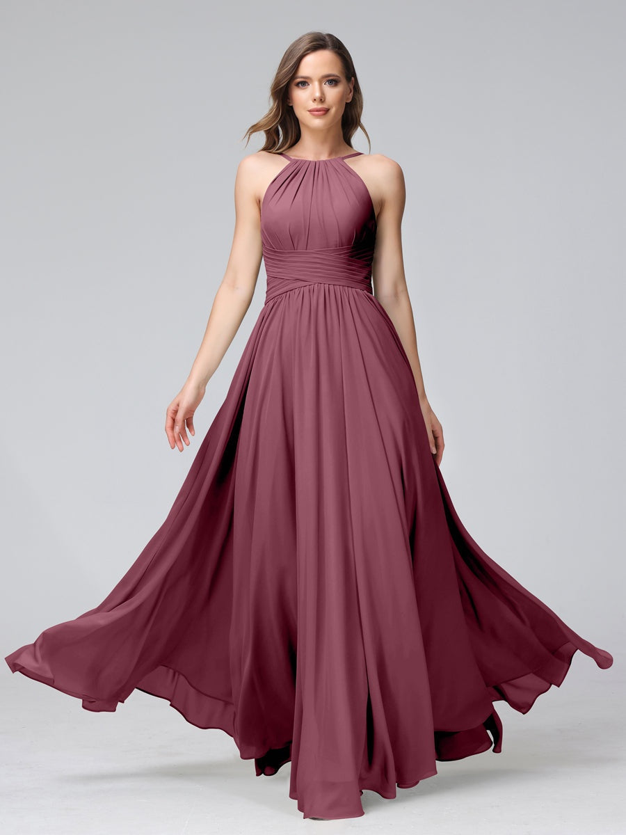 Floor-Length Halter Sleeveless A-Line/Princess Bridesmaid Dresses with Ruffles