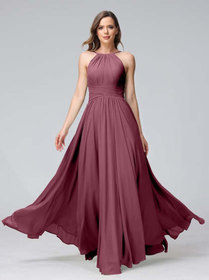 Floor-Length Halter Sleeveless A-Line/Princess Bridesmaid Dresses with Ruffles