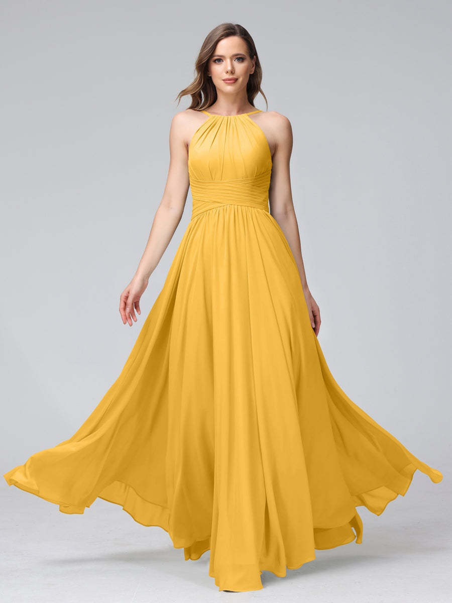 Floor-Length Halter Sleeveless A-Line/Princess Bridesmaid Dresses with Ruffles