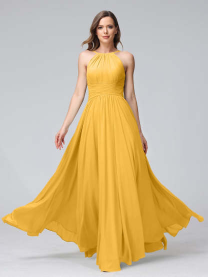 Floor-Length Halter Sleeveless A-Line/Princess Bridesmaid Dresses with Ruffles