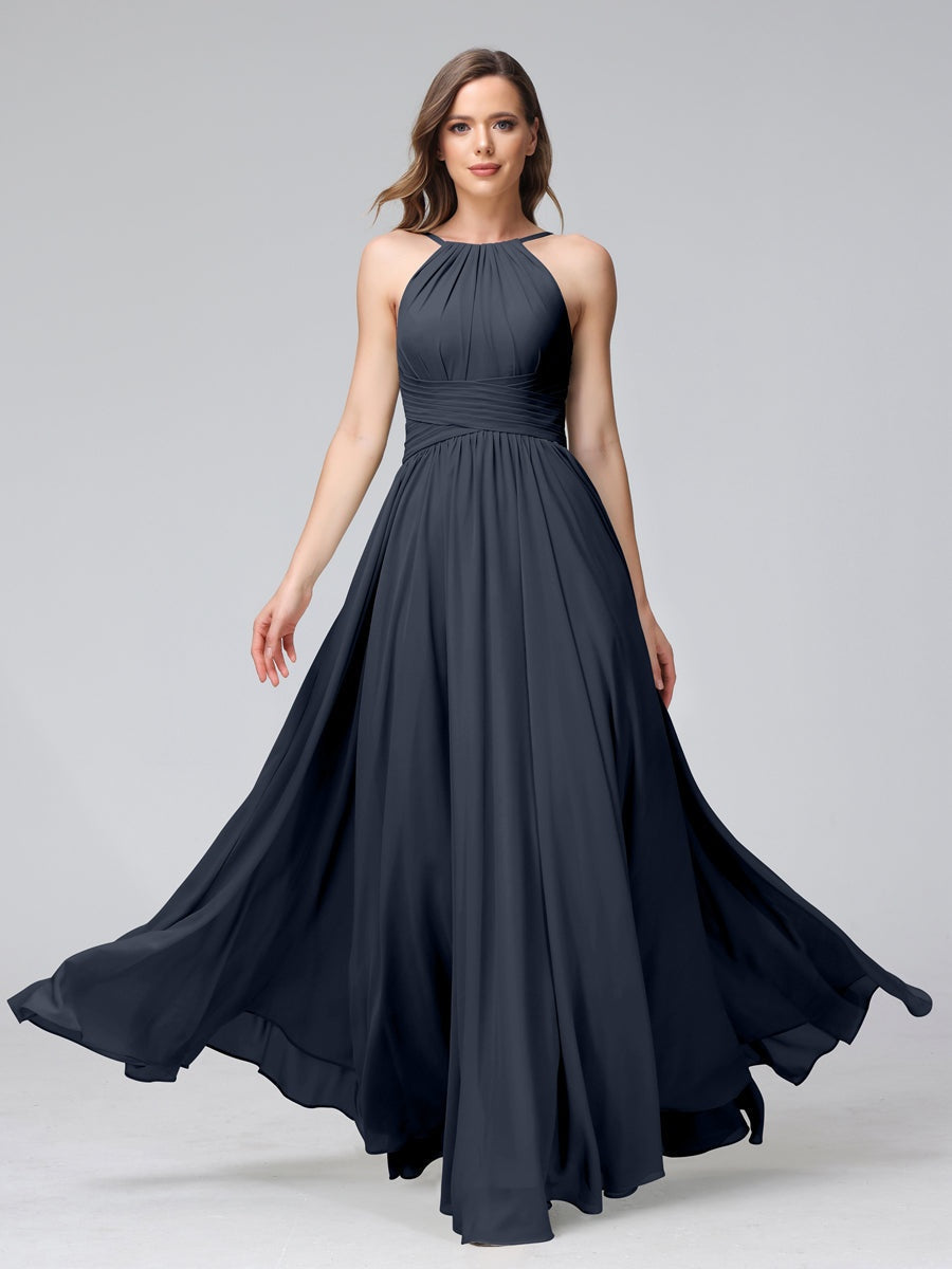 Floor-Length Halter Sleeveless A-Line/Princess Bridesmaid Dresses with Ruffles