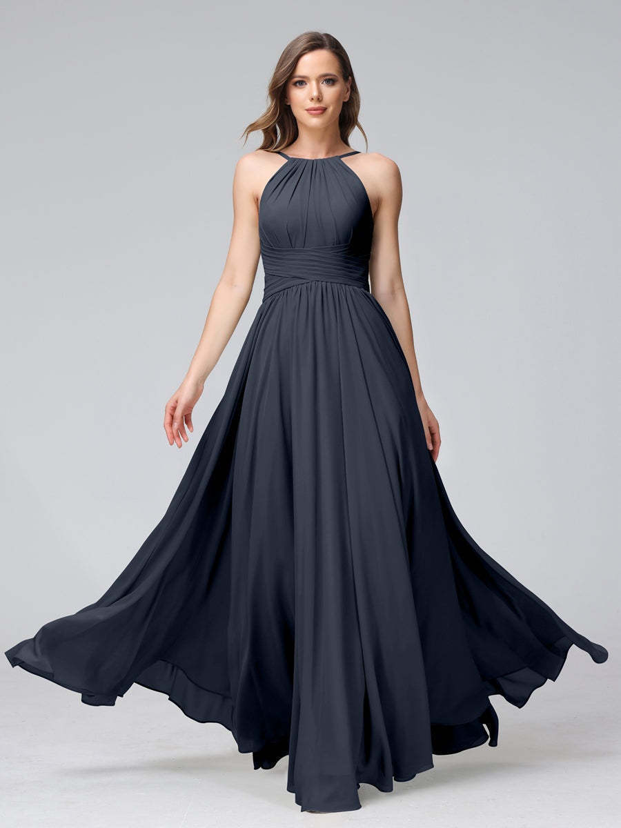 Floor-Length Halter Sleeveless A-Line/Princess Bridesmaid Dresses with Ruffles