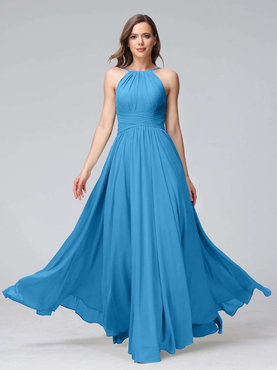 Floor-Length Halter Sleeveless A-Line/Princess Bridesmaid Dresses with Ruffles