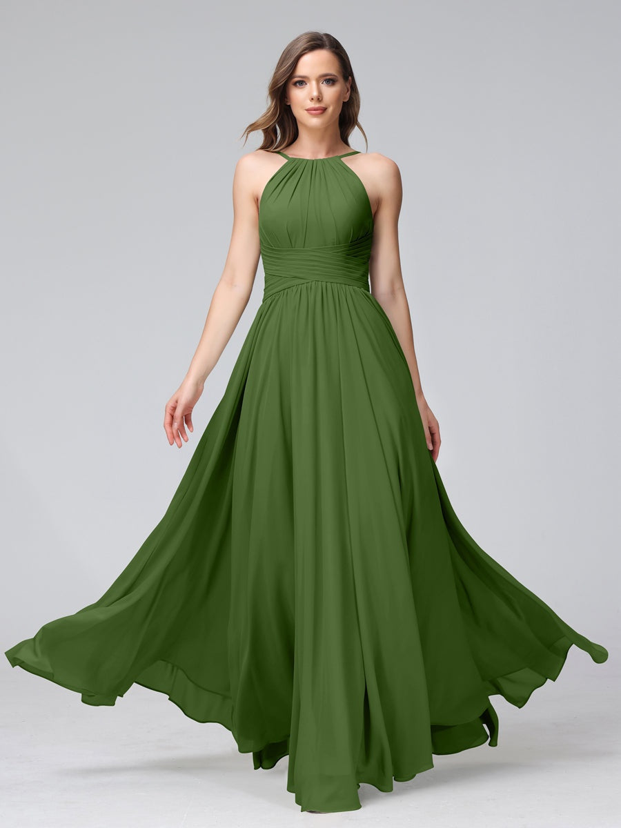 Floor-Length Halter Sleeveless A-Line/Princess Bridesmaid Dresses with Ruffles