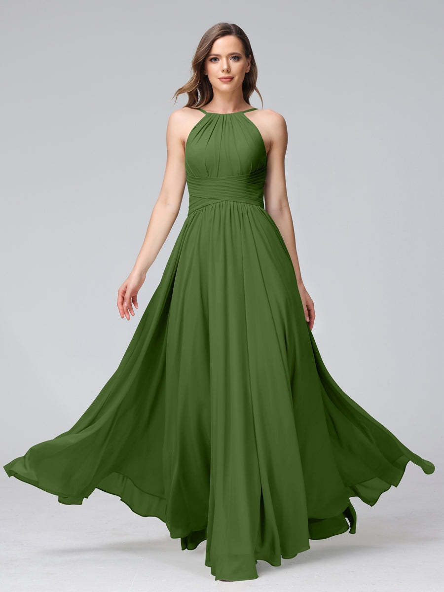 Floor-Length Halter Sleeveless A-Line/Princess Bridesmaid Dresses with Ruffles