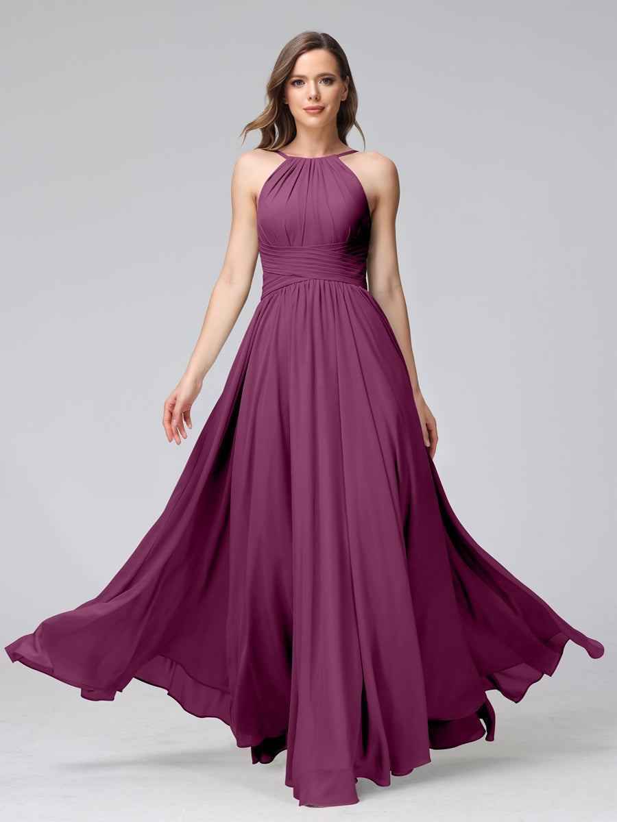 Floor-Length Halter Sleeveless A-Line/Princess Bridesmaid Dresses with Ruffles