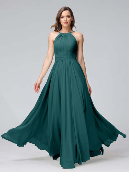 Floor-Length Halter Sleeveless A-Line/Princess Bridesmaid Dresses with Ruffles