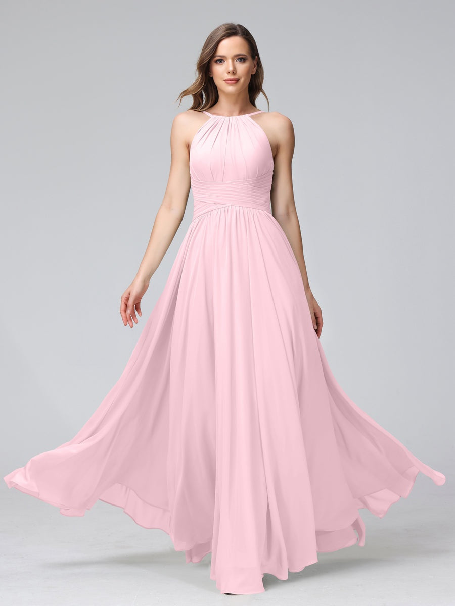 Floor-Length Halter Sleeveless A-Line/Princess Bridesmaid Dresses with Ruffles