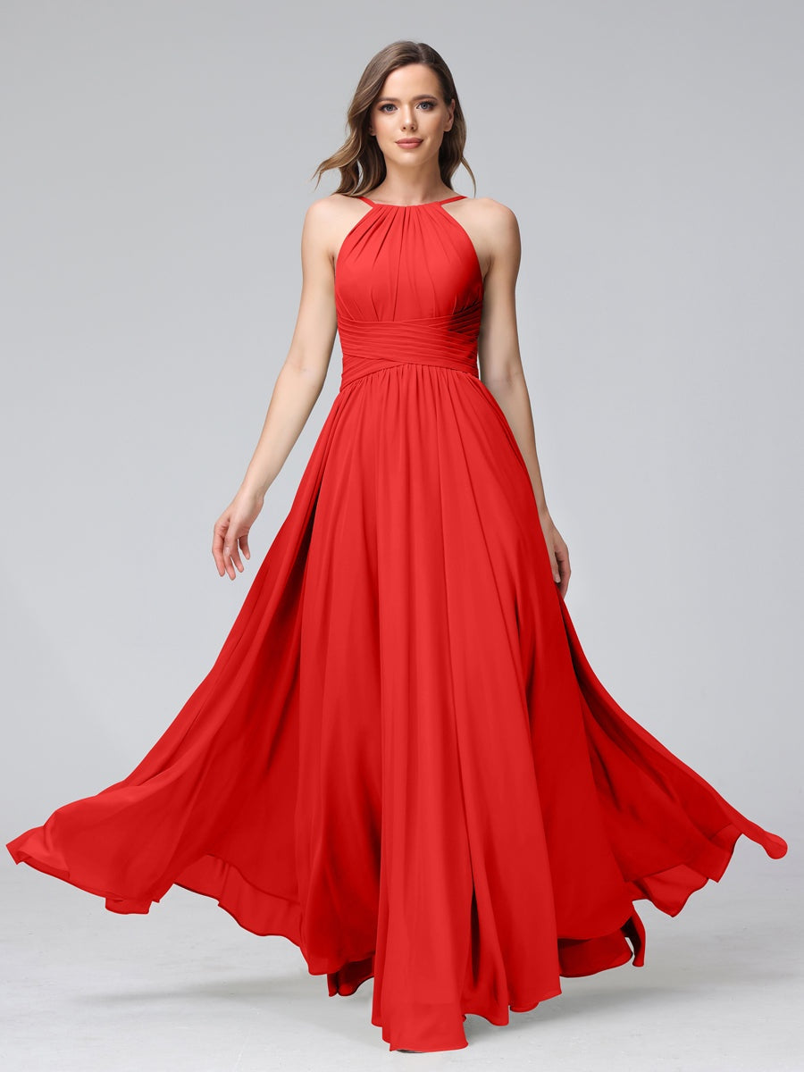 Floor-Length Halter Sleeveless A-Line/Princess Bridesmaid Dresses with Ruffles