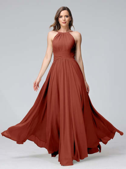 Floor-Length Halter Sleeveless A-Line/Princess Bridesmaid Dresses with Ruffles