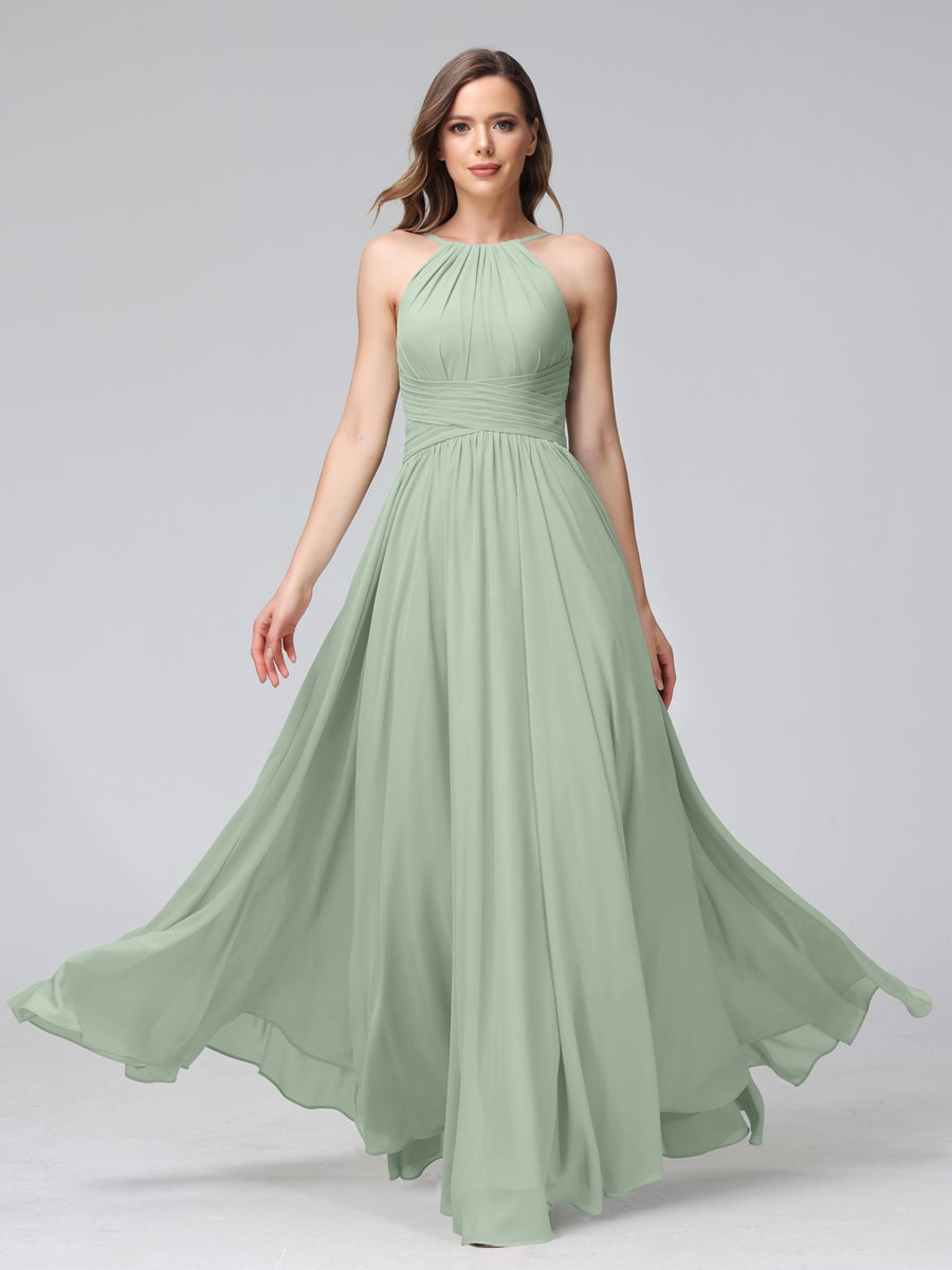 Floor-Length Halter Sleeveless A-Line/Princess Bridesmaid Dresses with Ruffles