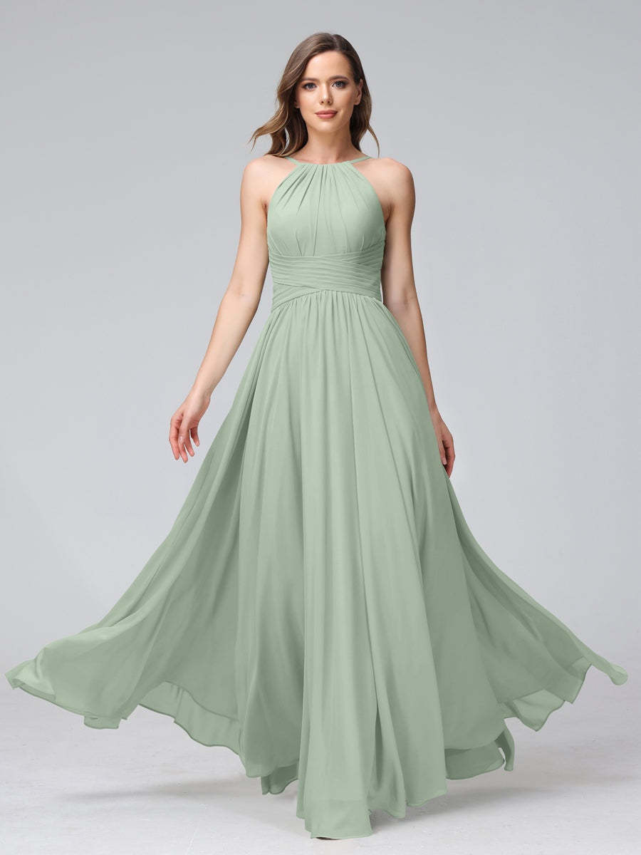 Floor-Length Halter Sleeveless A-Line/Princess Bridesmaid Dresses with Ruffles