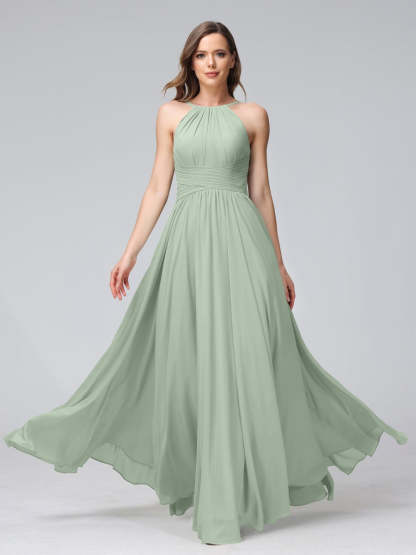 Floor-Length Halter Sleeveless A-Line/Princess Bridesmaid Dresses with Ruffles