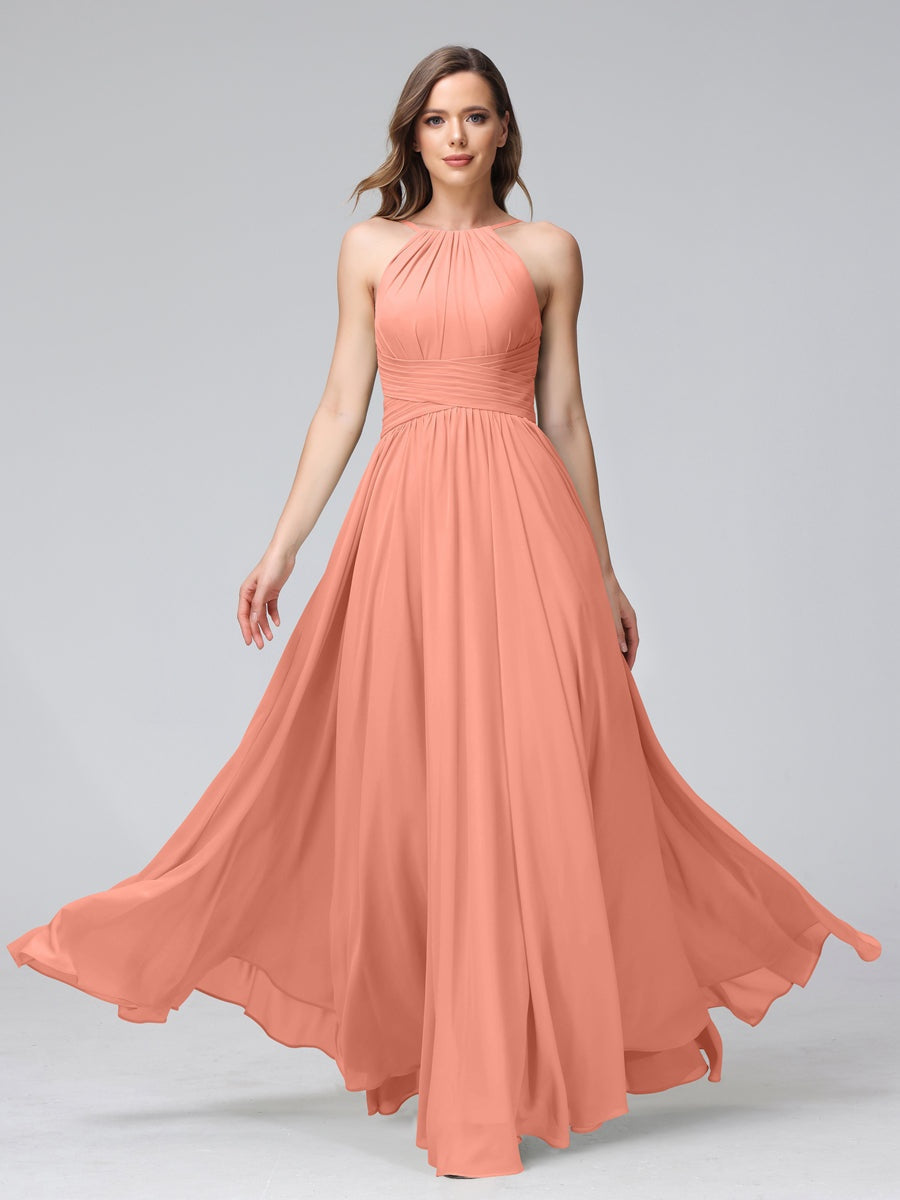 Floor-Length Halter Sleeveless A-Line/Princess Bridesmaid Dresses with Ruffles