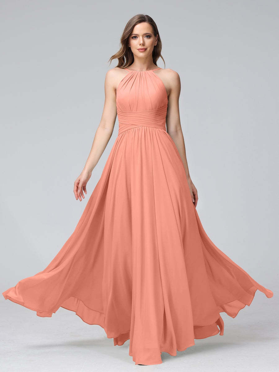 Floor-Length Halter Sleeveless A-Line/Princess Bridesmaid Dresses with Ruffles