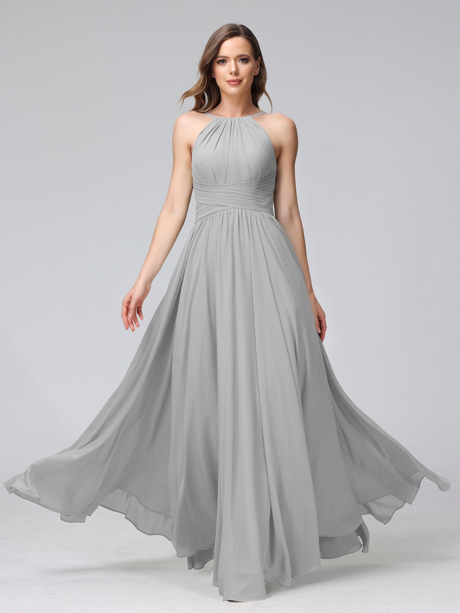 Floor-Length Halter Sleeveless A-Line/Princess Bridesmaid Dresses with Ruffles