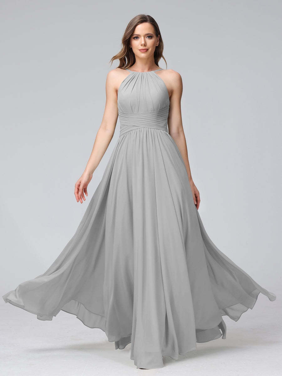 Floor-Length Halter Sleeveless A-Line/Princess Bridesmaid Dresses with Ruffles