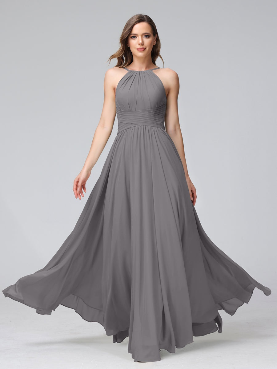 Floor-Length Halter Sleeveless A-Line/Princess Bridesmaid Dresses with Ruffles