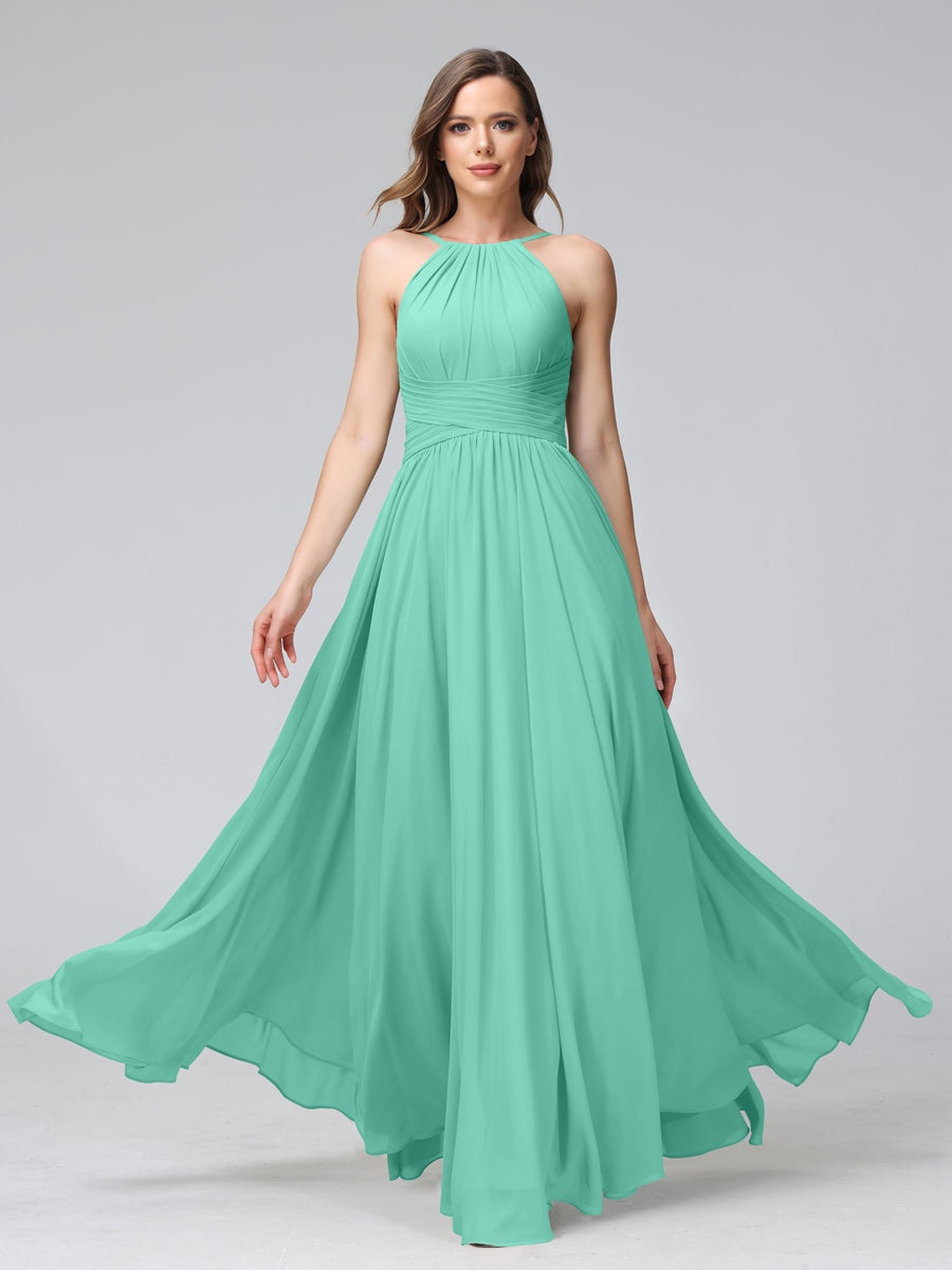 Floor-Length Halter Sleeveless A-Line/Princess Bridesmaid Dresses with Ruffles