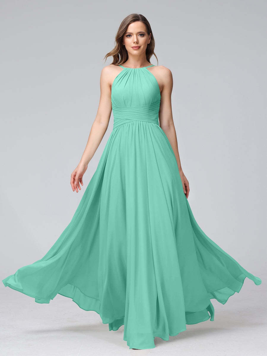 Floor-Length Halter Sleeveless A-Line/Princess Bridesmaid Dresses with Ruffles