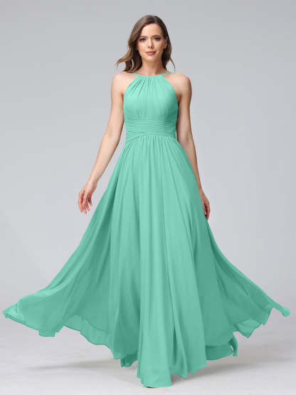 Floor-Length Halter Sleeveless A-Line/Princess Bridesmaid Dresses with Ruffles