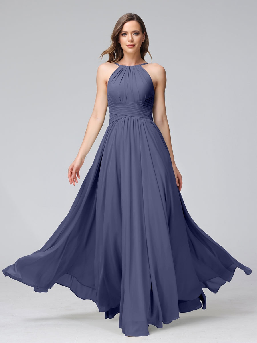 Floor-Length Halter Sleeveless A-Line/Princess Bridesmaid Dresses with Ruffles