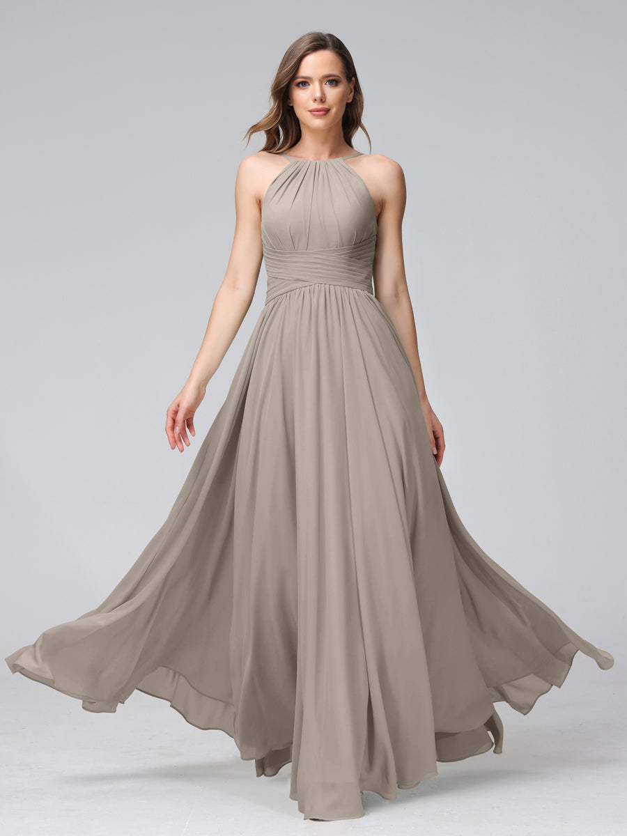 Floor-Length Halter Sleeveless A-Line/Princess Bridesmaid Dresses with Ruffles