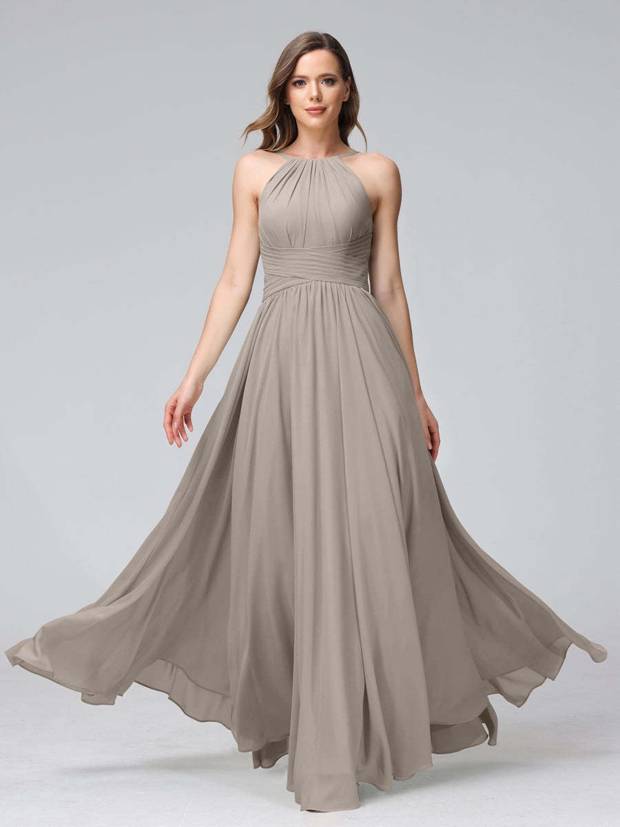 Floor-Length Halter Sleeveless A-Line/Princess Bridesmaid Dresses with Ruffles