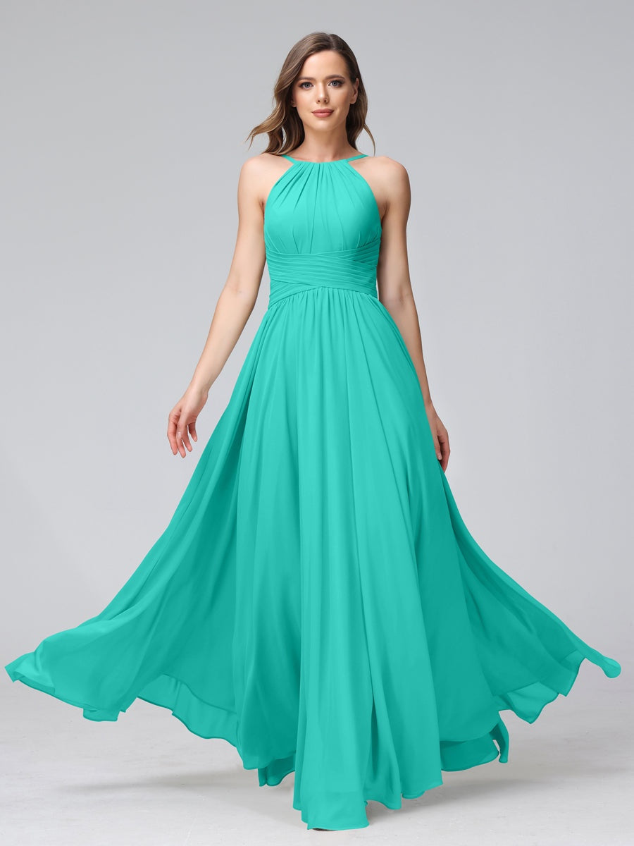 Floor-Length Halter Sleeveless A-Line/Princess Bridesmaid Dresses with Ruffles