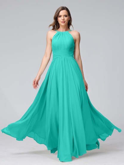 Floor-Length Halter Sleeveless A-Line/Princess Bridesmaid Dresses with Ruffles