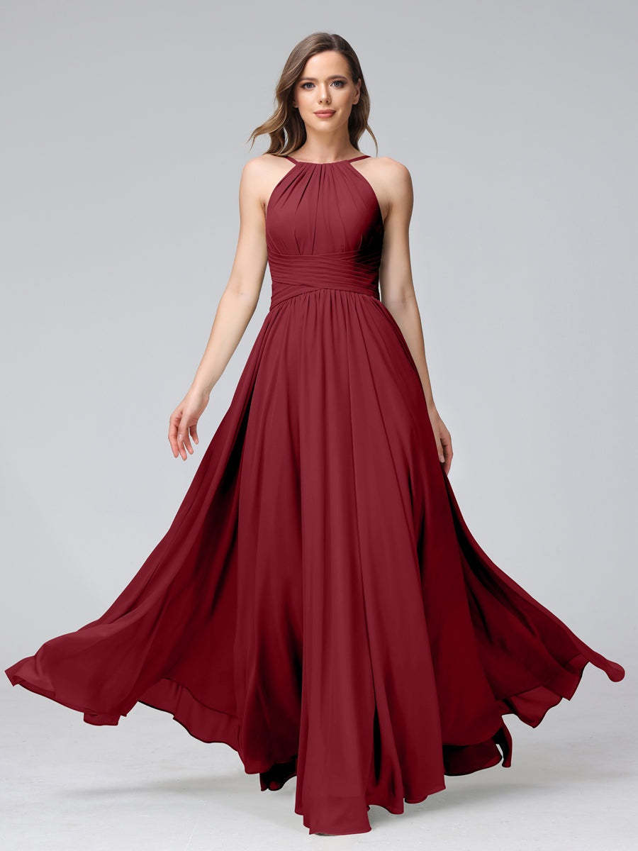 Floor-Length Halter Sleeveless A-Line/Princess Bridesmaid Dresses with Ruffles