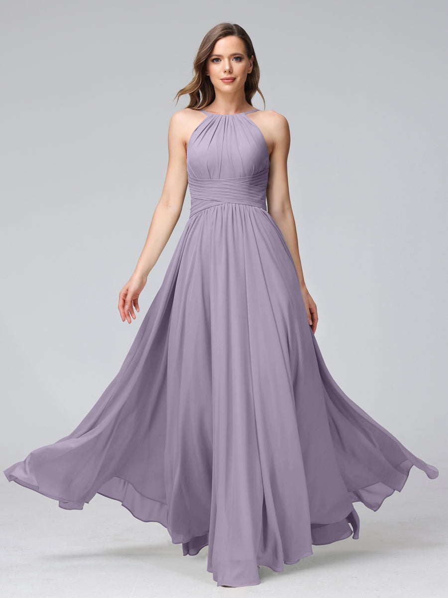 Floor-Length Halter Sleeveless A-Line/Princess Bridesmaid Dresses with Ruffles
