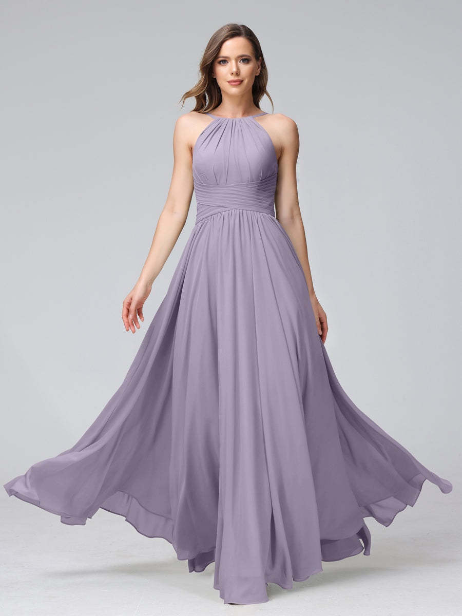 Floor-Length Halter Sleeveless A-Line/Princess Bridesmaid Dresses with Ruffles