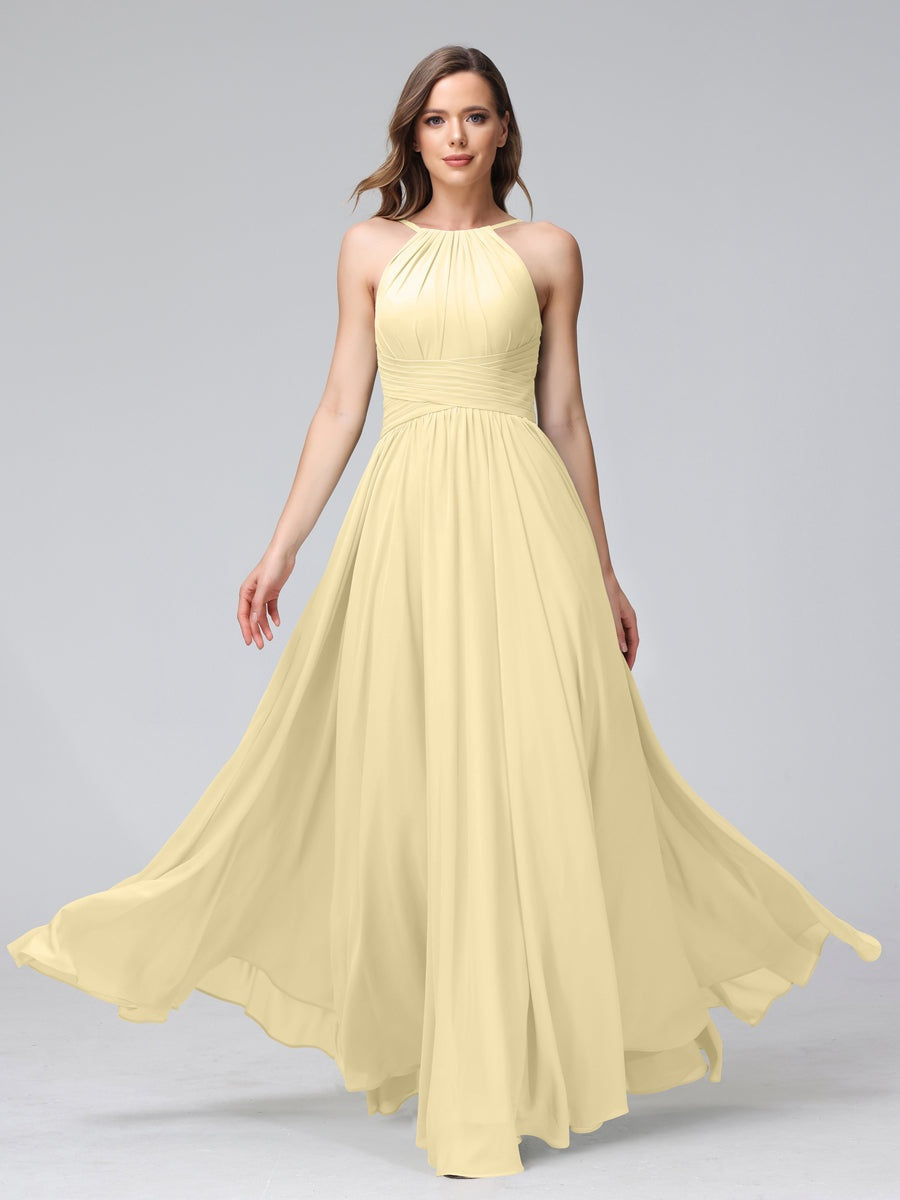 Floor-Length Halter Sleeveless A-Line/Princess Bridesmaid Dresses with Ruffles